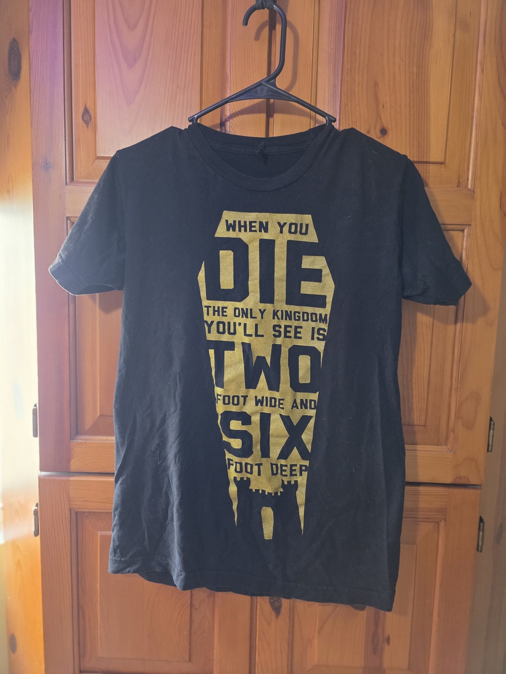 Men's Black Graphic Tee with Gold Print - Casual Crew Shirt